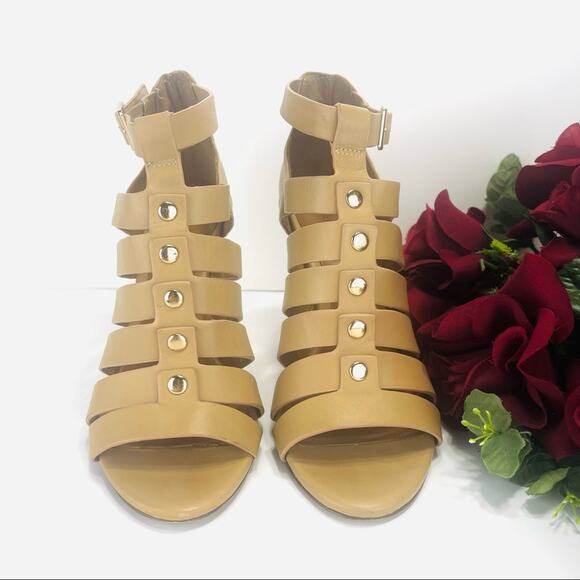 Aldo Strappy Stiletto Sandals/Booties Size 7.5 Tan Leather Open Toe High Heels - Picture 9 of 16